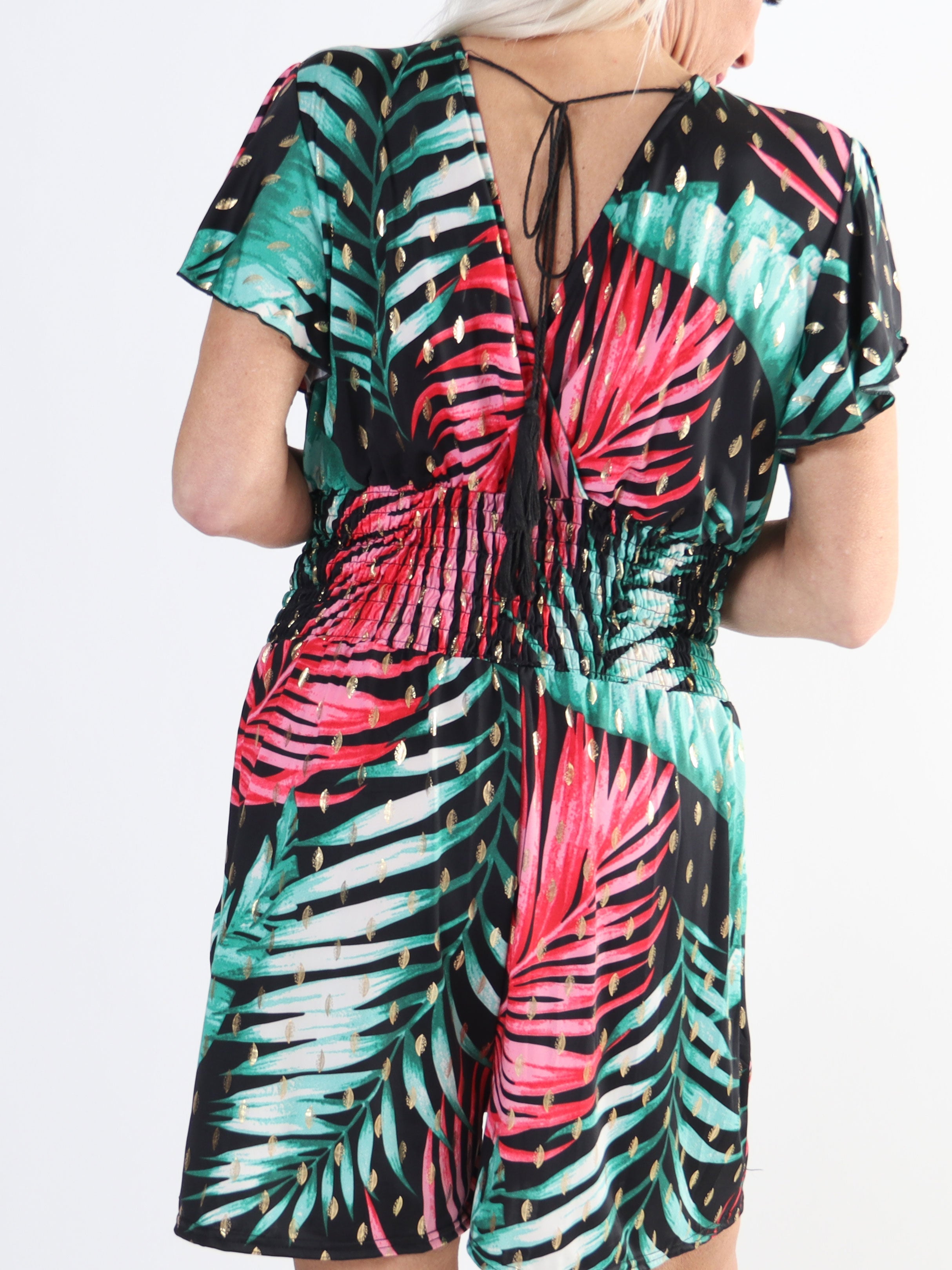 Pams Leaf Playsuit O/B - Mönstrad jumpsuit med resår i stora storlekar